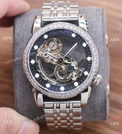 Copy Patek Philippe Open-Work Dial Stainless steel Watches with Diamond